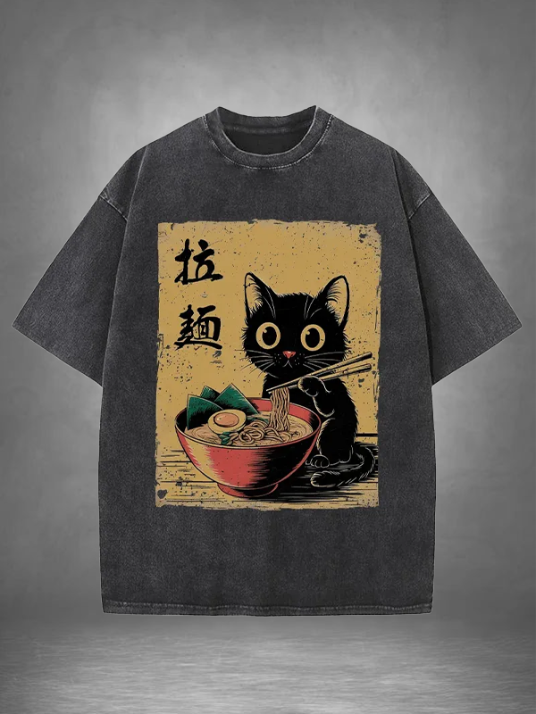 Men's Black Cat Eating Ramen Print Cotton Washed T-Shirt