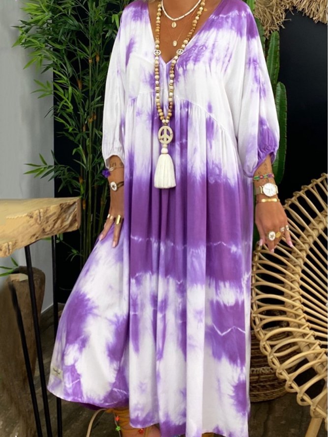 Tie-Dye Half Sleeve Casual V Neck Dresses Zaesvini