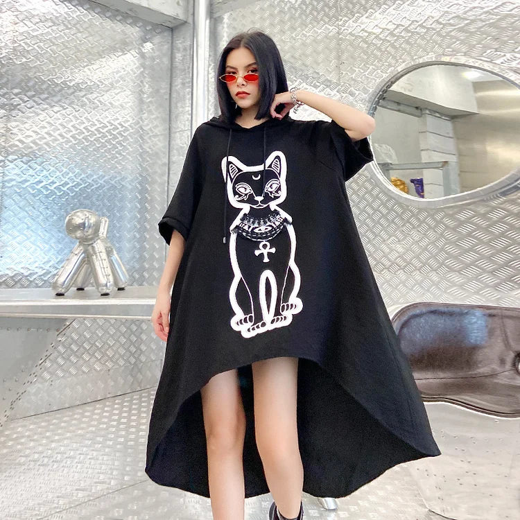 Irregular Design Cat Printed Midi Dress - yankia