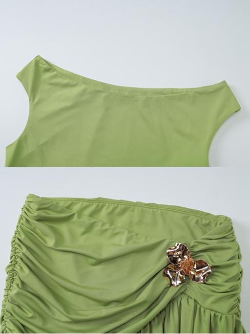 Women's Two-piece Solid Color One Shoulder Sleeveless Tank Top Bodycon Side Split Metal Flower Stitched Ruched Long Skirt Sets, Strapless Backless Irregular Hem Tube Tops with Pleated Slit Skirts, Womenswear Clothes Women's Two-piece Solid Color One Shoulder Sleeveless Tank Top Bodycon Side Split Metal Flower Stitched Ruched Long Skirt Sets, Strapless Backless Irregular Hem Tube Tops with Pleated Slit Skirts, Womenswear Clothes