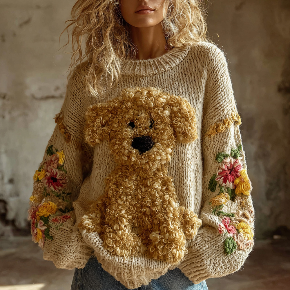 Vintage Toy Poodle With Floral Felt Art Inspired Embroidered Cozy Knit Sweater