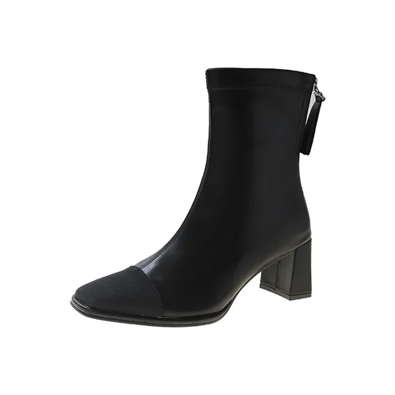 Parigaminghub pretty shoes Women Korean Boots Winter High Heels Bow Square Toe Retro Ankle Boots Chunky Heels Dress Shoes Elastic Short Botas De Mujer