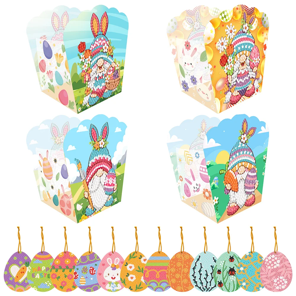 4 Pcs Diamond Painting Easter Party Decoration Boxes (12pcs Easter Pendant)