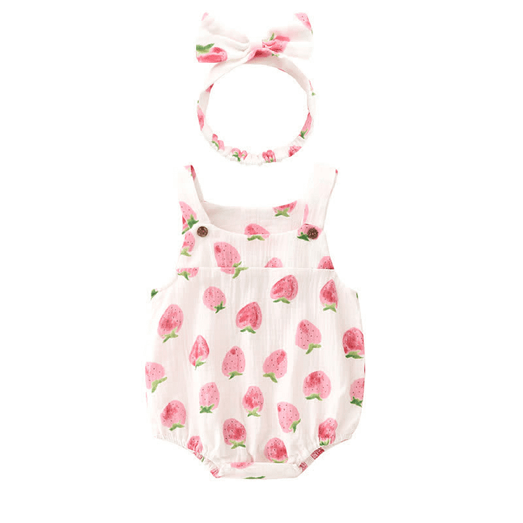 Baby Strawberry Floral Bunny Cherry Bodysuit with Headband