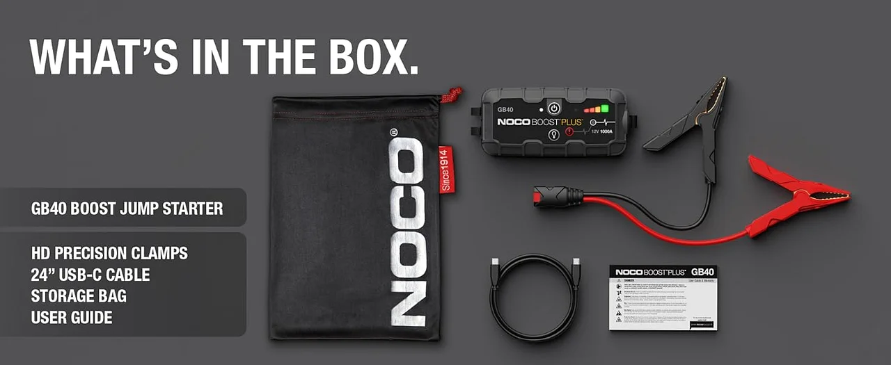 Whats in the box. GB40 jump starter. jumper cable clamps. USB cable and microfiber bag.