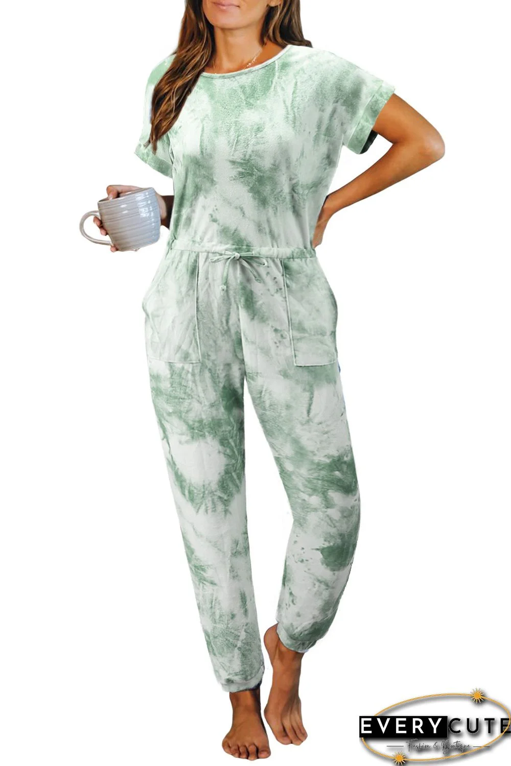 Green Pocketed Tie-dye Knit Jumpsuit