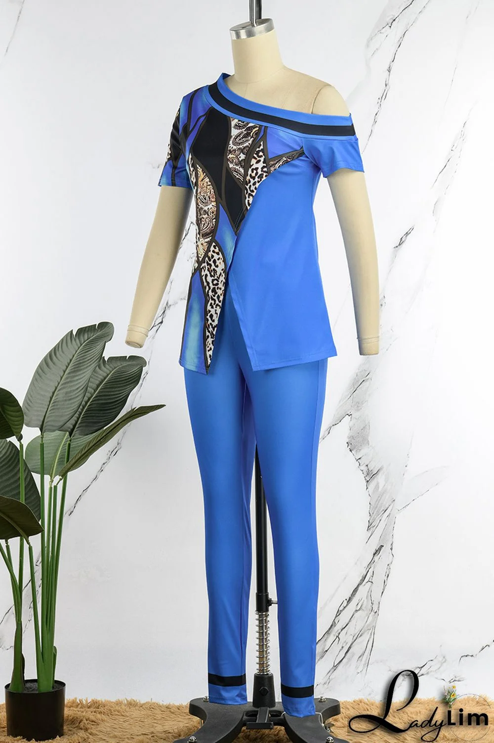 Red Casual Print Patchwork Slit Asymmetrical Oblique Collar Short Sleeve Two Pieces