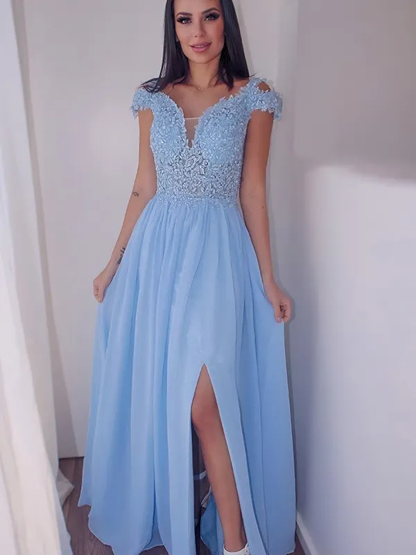 SHORT SLEEVE PROM DRESS SKY BLUE MAXI