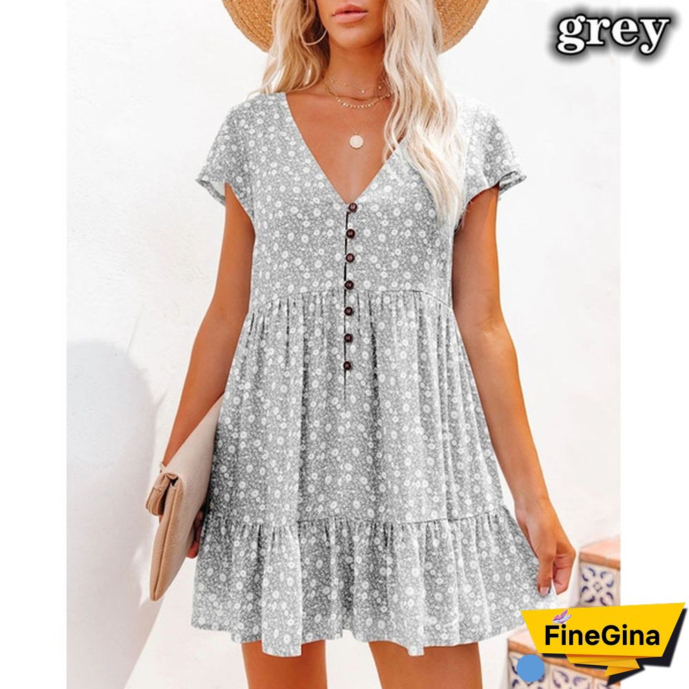Spring Summer Dresses Plus Size Fashion Clothes Women's Casual Short Sleeve Dress Ladies Button Up Floral Flower Printed Dress Patchwork Loose Mini Pleated Dress Beach Wear Short Party Dress