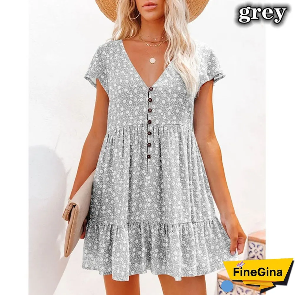Spring Summer Dresses Plus Size Fashion Clothes Women's Casual Short Sleeve Dress Ladies Button Up Floral Flower Printed Dress Patchwork Loose Mini Pleated Dress Beach Wear Short Party Dress
