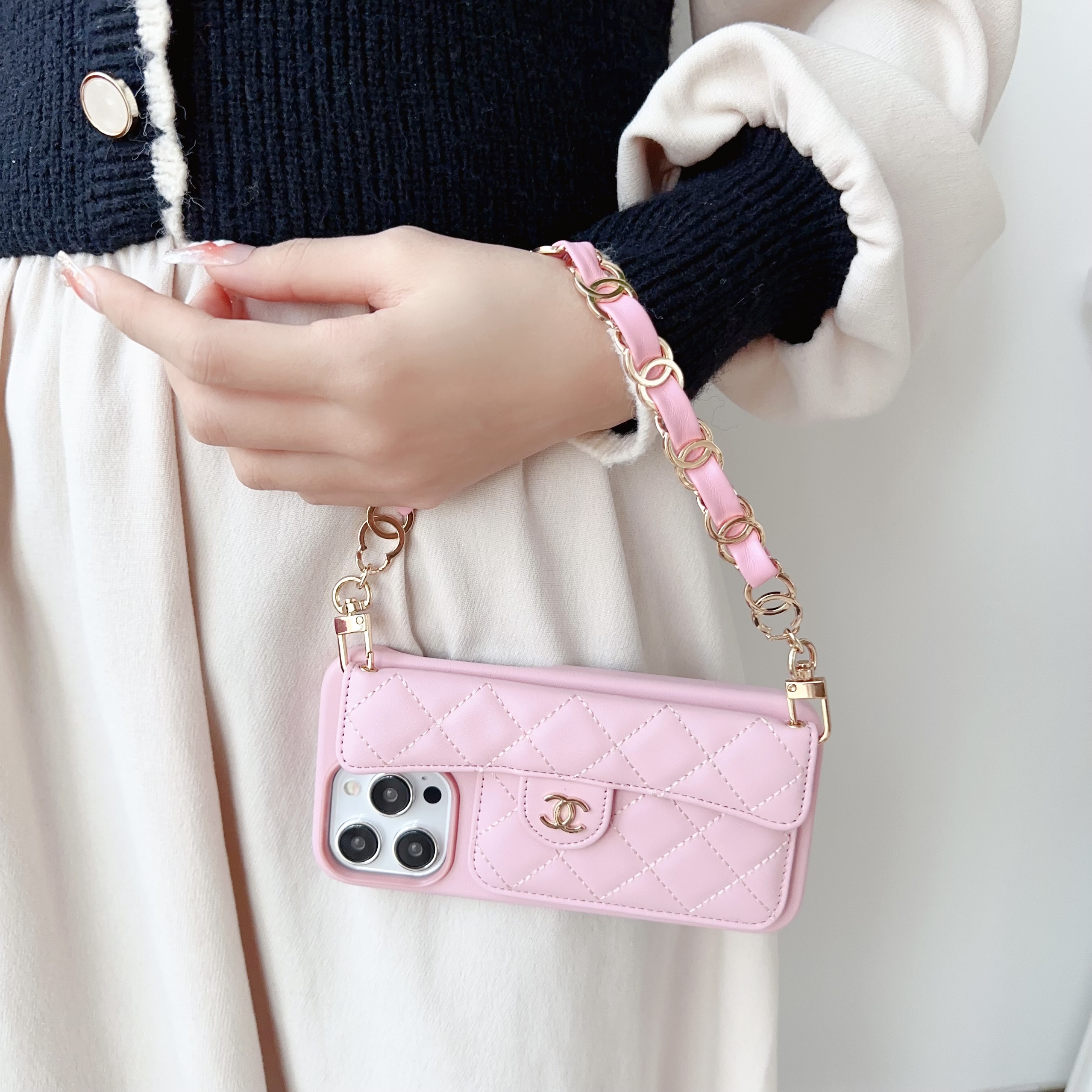 Chanel Official Hand Chain Cardholder Leather iPhone Case Crossbody Cord