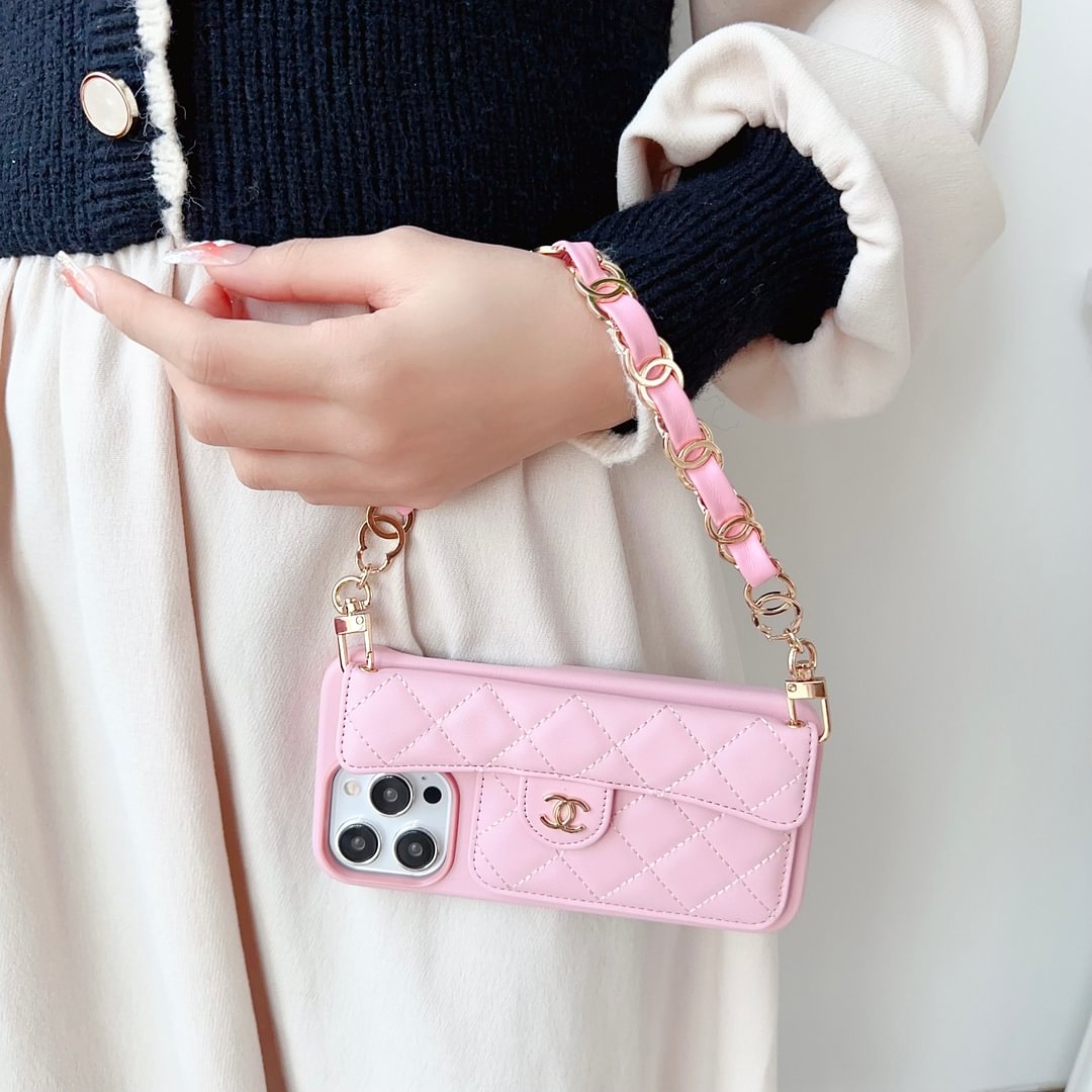 Chanel Official Hand Chain Cardholder Leather iPhone Case Crossbody Cord