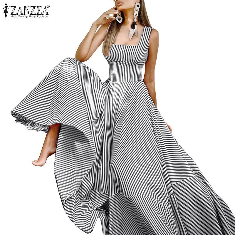 ZANZEA Holiday Long Maxi Dresses Womens France Elegant Tank Dress 2022 Summer Chic A Line Robe Party Striped Sleeveless Sundress