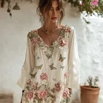 Bohemian Style Plant Flower And Butterfly Pattern Embroidery Design V-neck Woman's Long Dress - Image 2