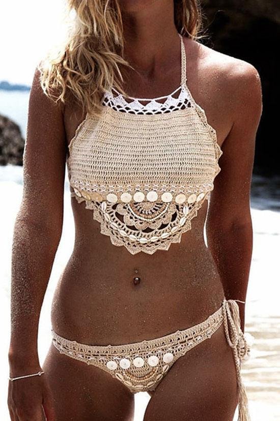 Apricot Bohemian Shell Trim Scalloped Crochet High Neck Bikini Swimsuit - Shop Trendy Women's Clothing | LoverChic