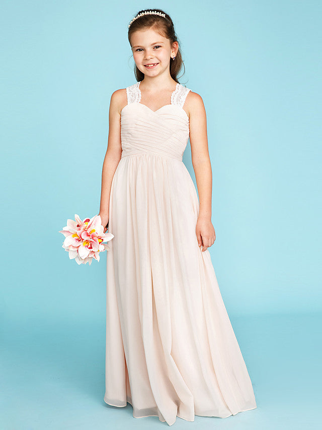 Princess / A-Line Strap Floor Length Chiffon / Lace Junior Bridesmaid Dress With Ruched / Side-Draped / Wedding Party
