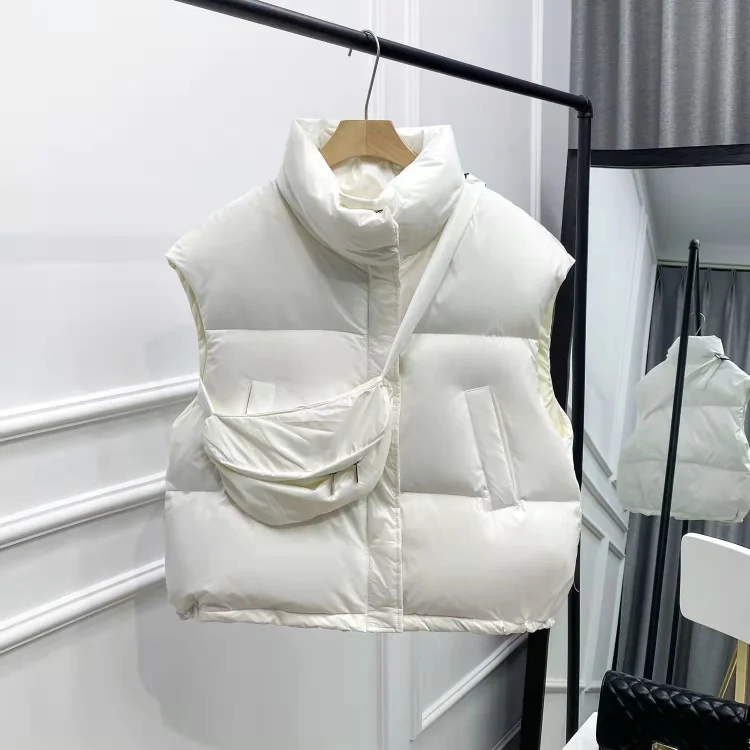 Casual Solid Color Duck Down Short Thick Warm Jacket Vest Waistcoat With Bag 