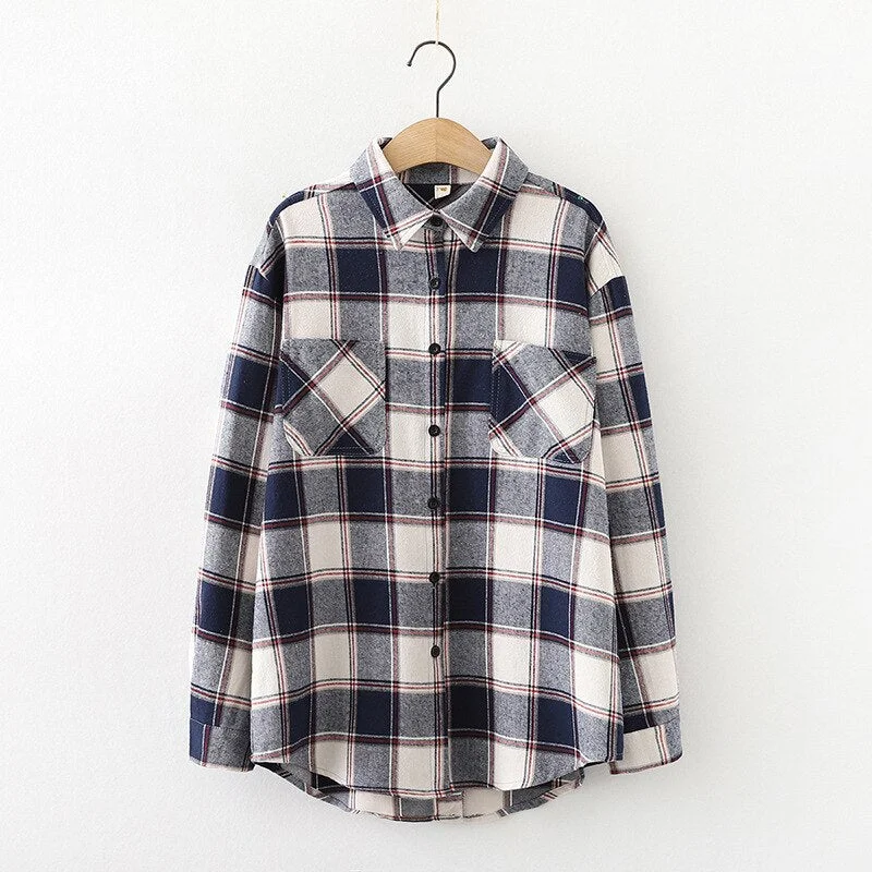 Autumn Plaid Shirts Women Blouses And Tops Long Sleeve Loose Checked Female Clothes Outwear Two Pocket