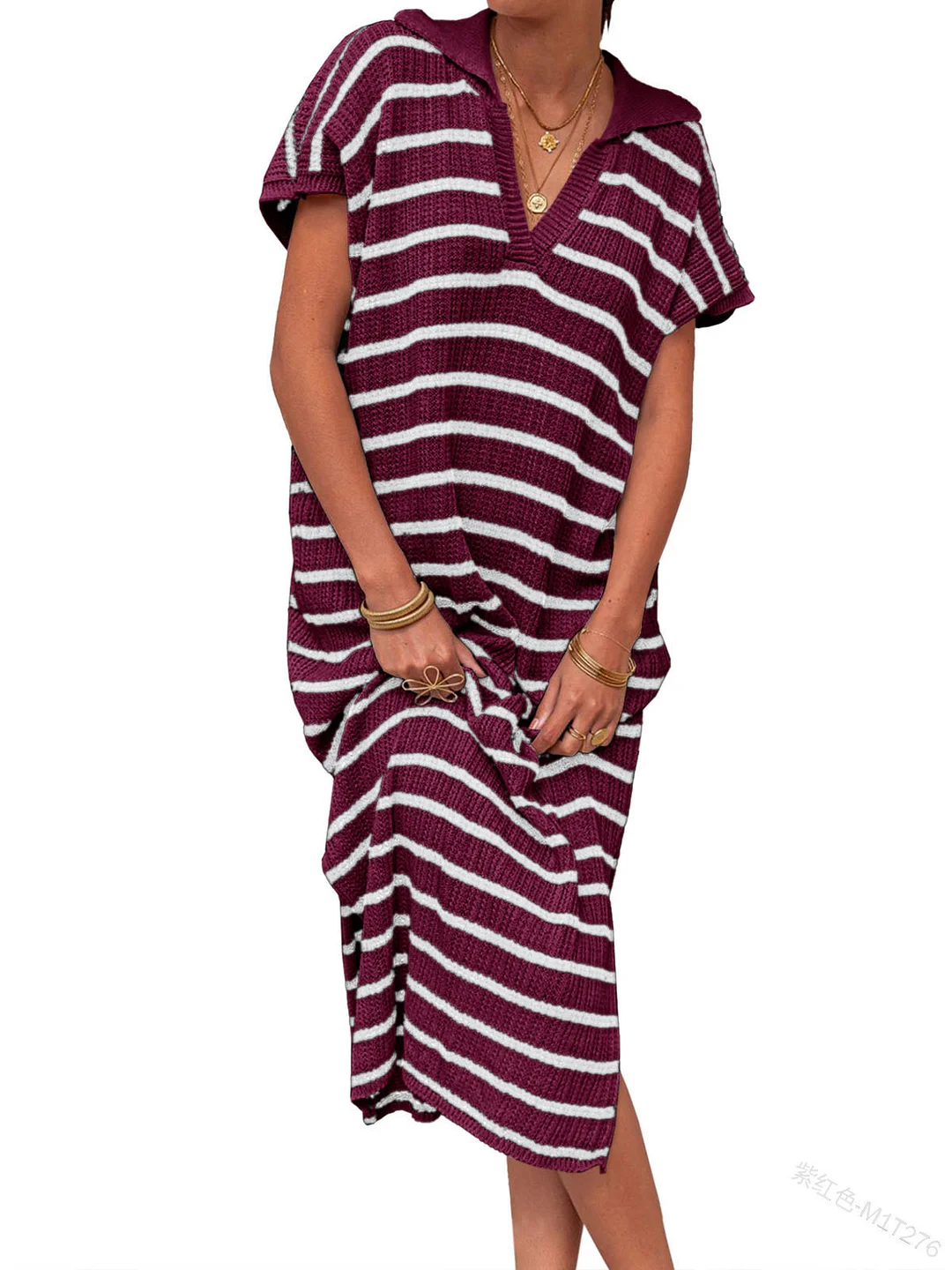 Woherb Woherb Summer Dress Women's V-Neck Stripe Low Slit Lapel Long Sweater Even-Outfit Ideas