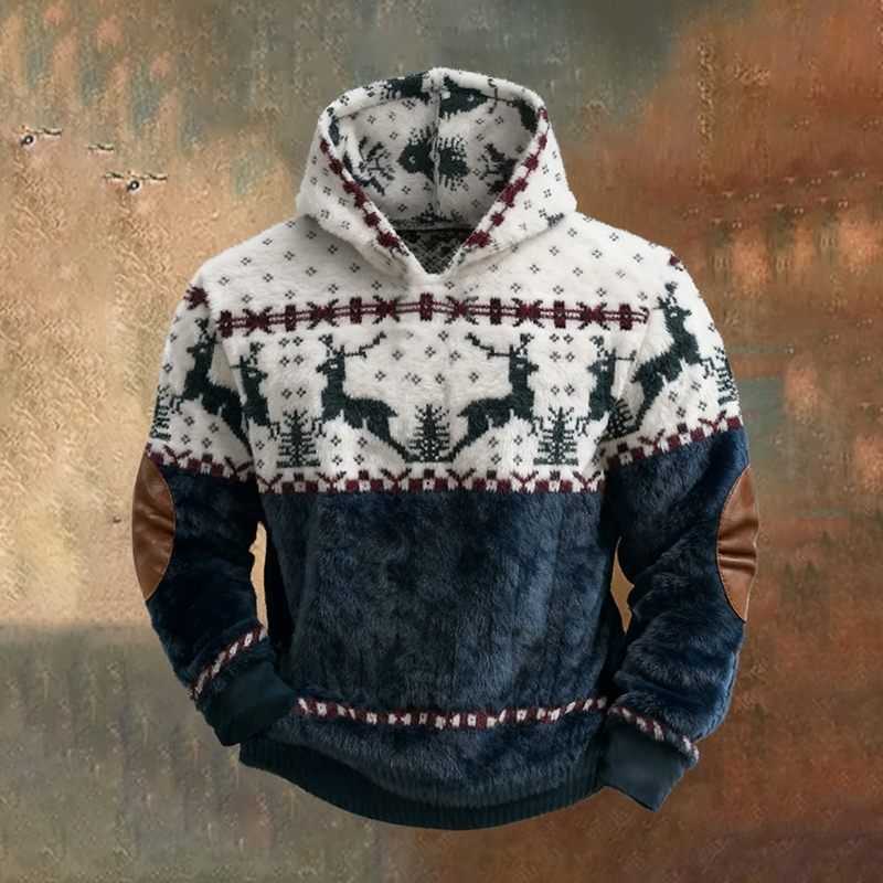 Men's Vintage Merry Christmas With Deer Art Hooded Flannel Sweatshirt elevenforest