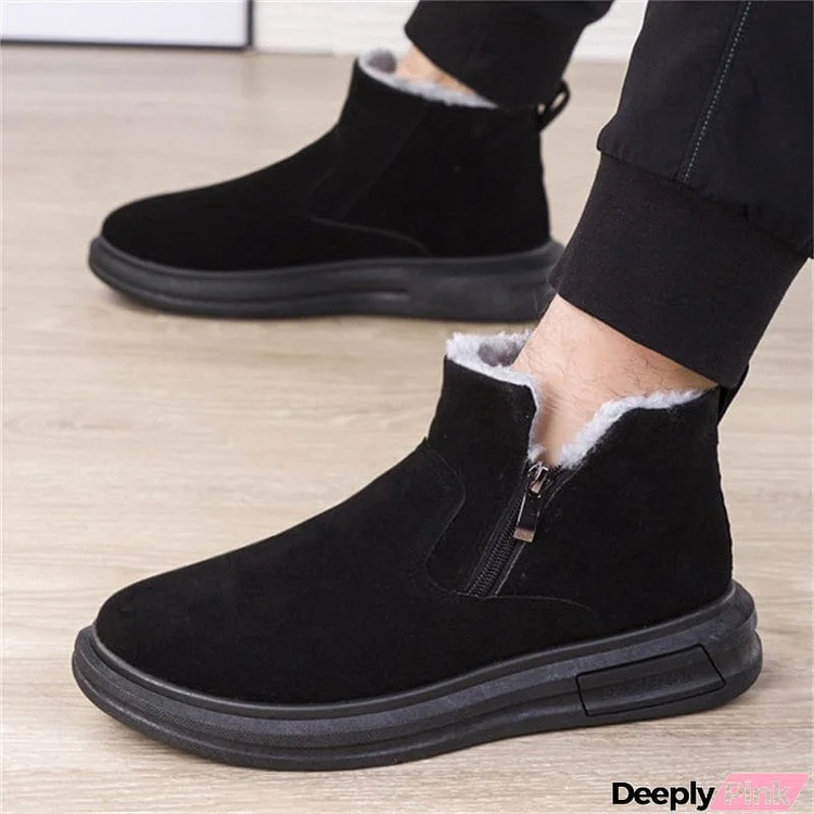 Men's Classic Round Toe Side Zipper Warm Plush Lined Snow Boots