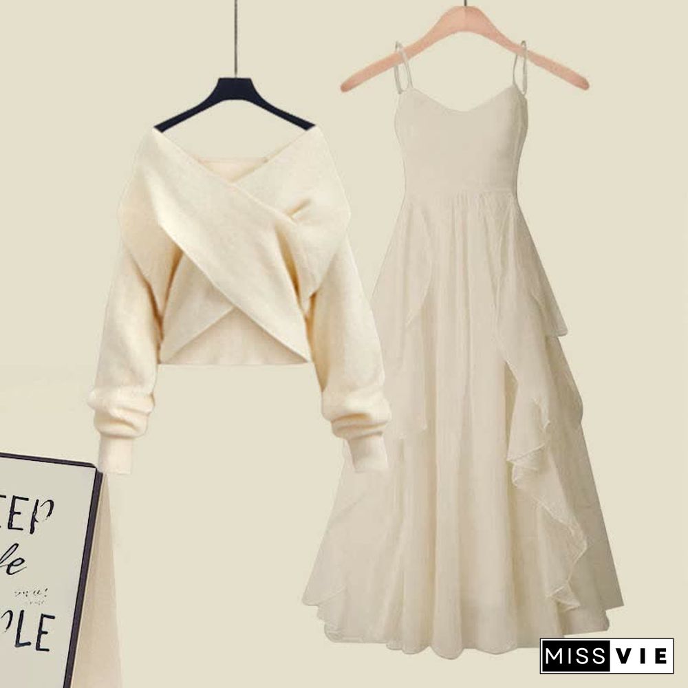 Cross Knit Sweater Flouncing A-line Slip Dress Two Pieces