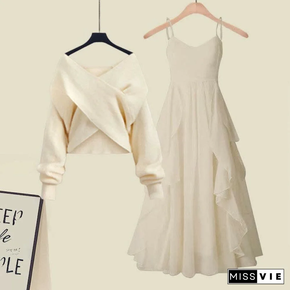 Cross Knit Sweater Flouncing A-line Slip Dress Two Pieces