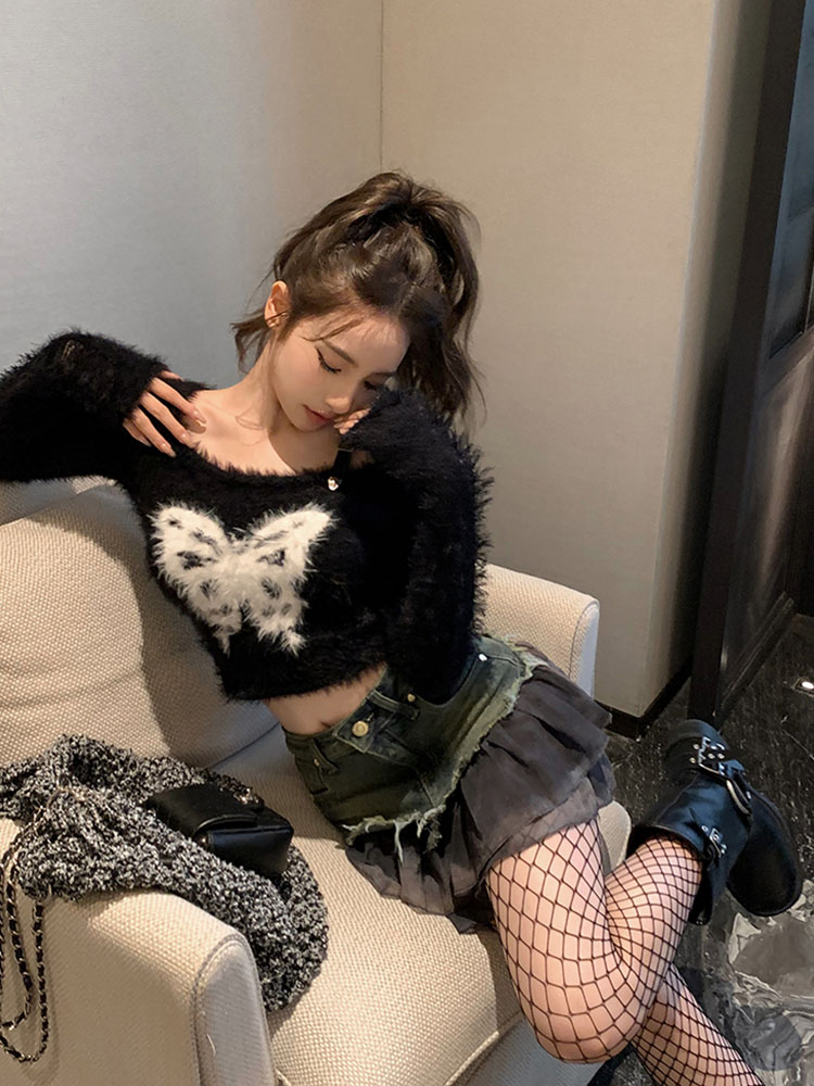 Fashion Simple Classical Slash Neck Sweater Gyaru Long Sleeve Pullovers Butterfly Print Chic Autumn Winter Streetwear Clubwear
