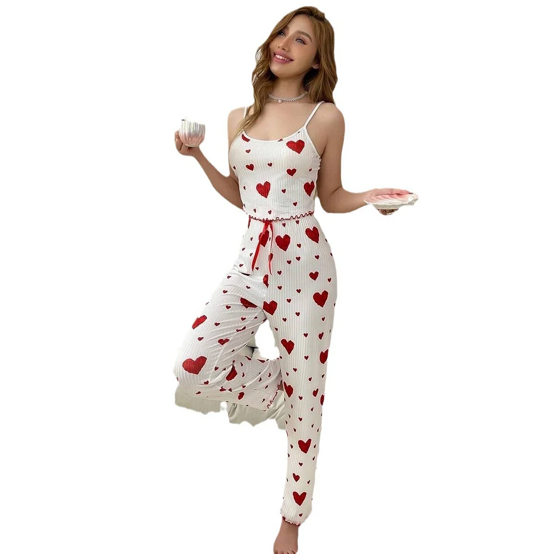 Churchf 2024 Hot Home Clothes Pitted Love Slings Slings Pyjamas Women Can Wear Trousers Set