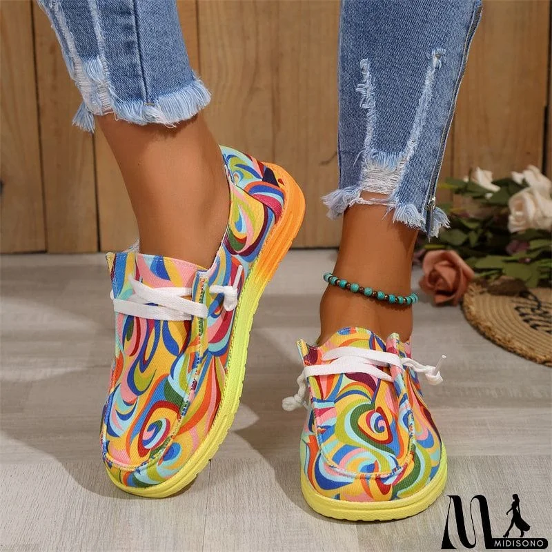 MidiSono - Ethnic Style Lace-up Low-top Graffiti Flat Shoes for Women