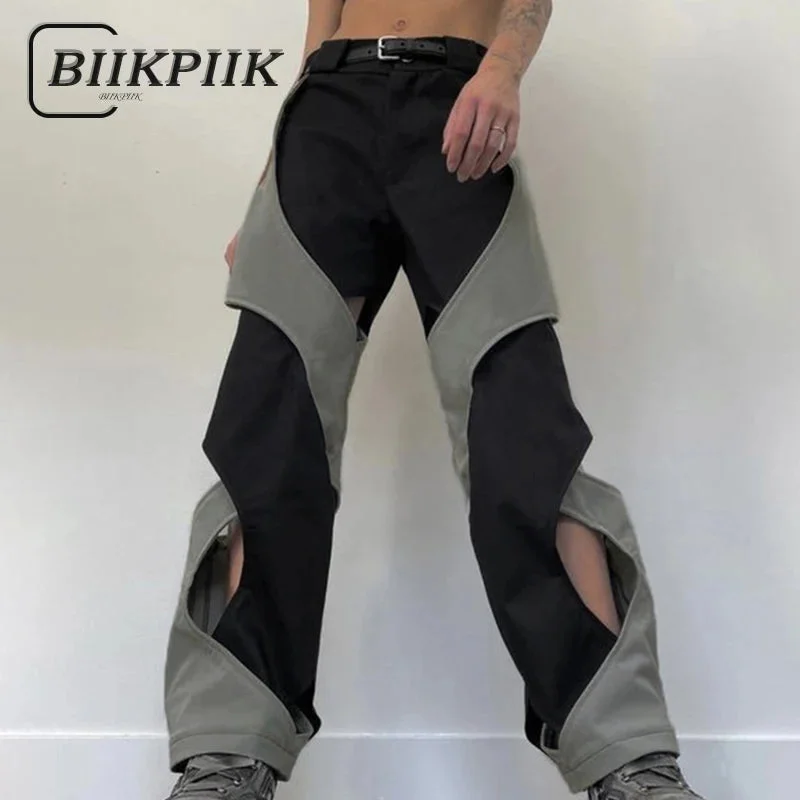 Huiketi Techwear Casual Pants Chic Contrast Hollow Out Baggy Women Cargo Pants Streetwear Low Rise Sweatpants Korean Fashion