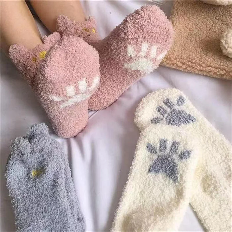 Winter Thicken Warm Women Socks Cute Cat Paw Cartoon Colorful Lovely Sleeping Home Floor Bedroom Socks Harajuku Kawaii Girl Sox