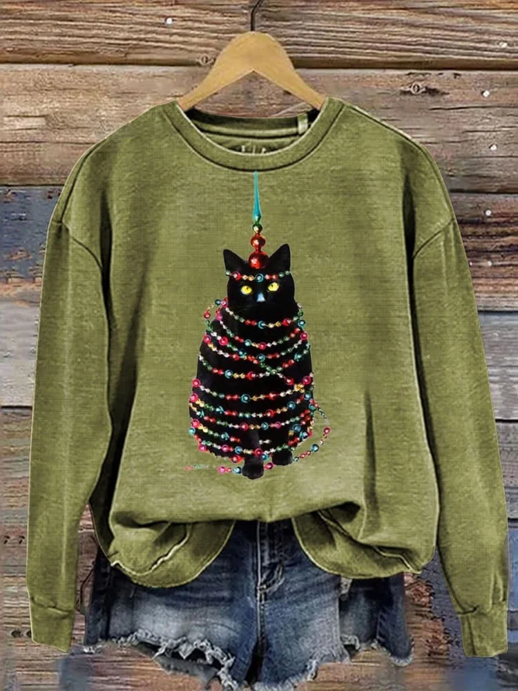 Retro Glitter Cats Christmas Print Casual Sweatshirt