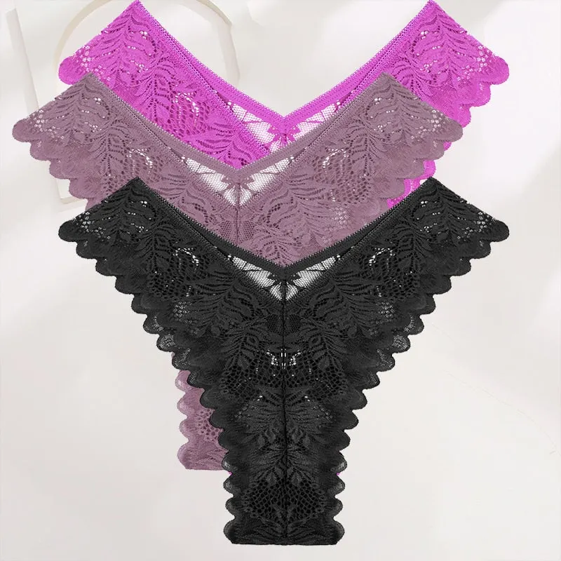 FINETOO 3PCS/Set Lace Gstring Panties Women Sexy M-XL Girls Thongs Perspective Temptation New Pantys Underwear Female Intimates