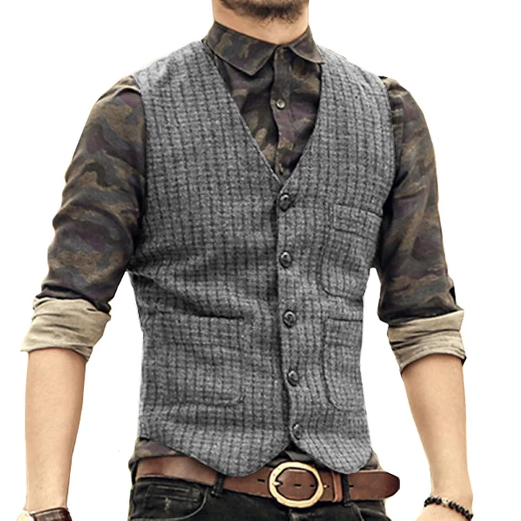 Men's Vest Black Brown V Neck Single Breasted Plaid Retro Tooling Waistcoat Formal Business Vest For Groom Wedding Dress Vest