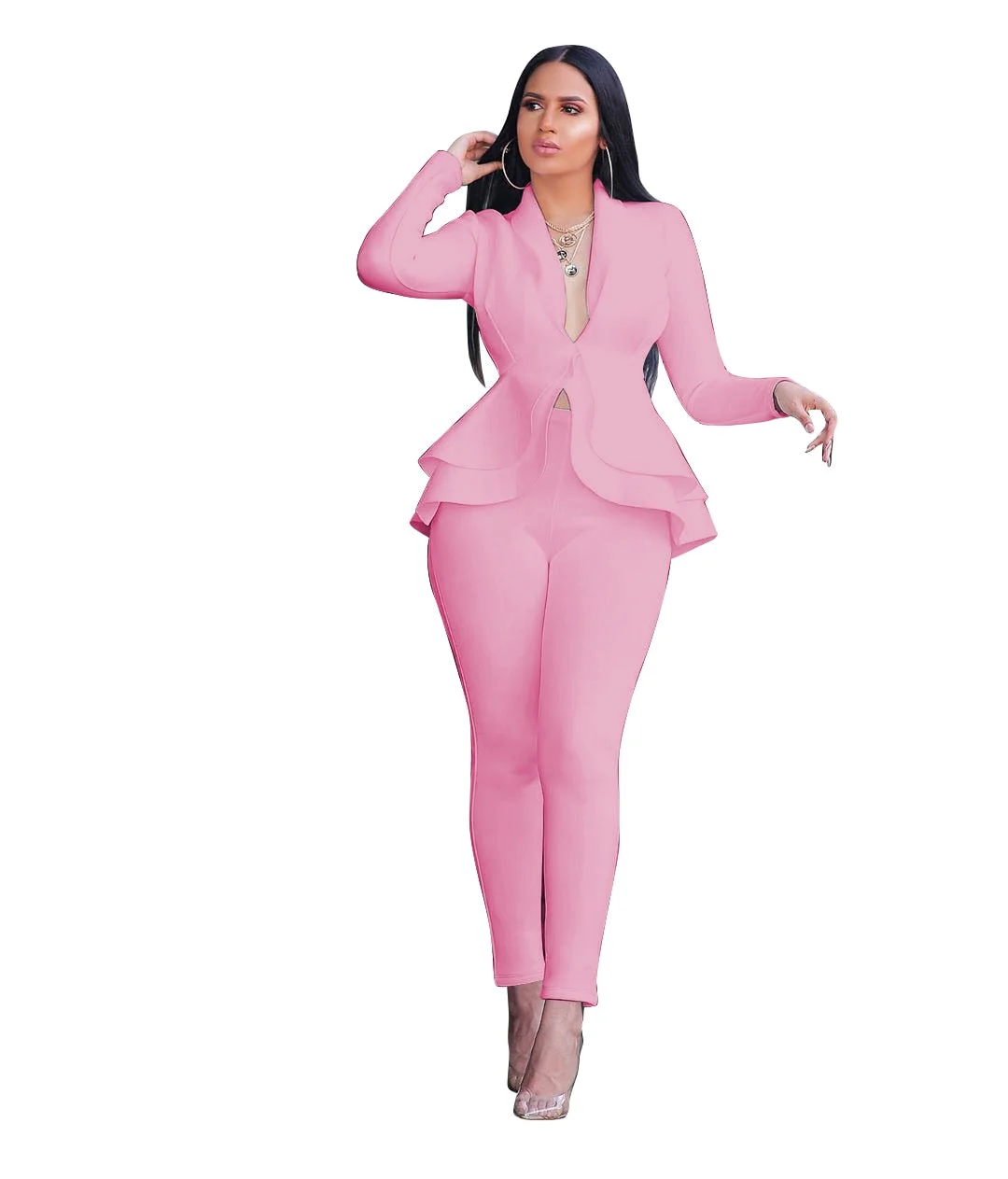 Women Winter Women's set Tracksuit Full Sleeve Ruffles Blazers Pants Suit Two Piece Set Office Lady business wear uniform GL610