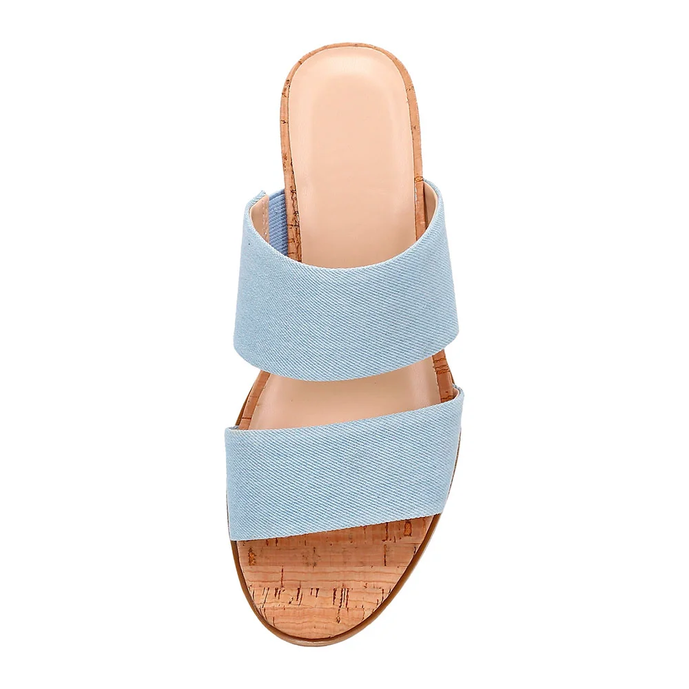 Ligh Blue Fabric Wedge Heel Women Mules Shoes with Two Straps