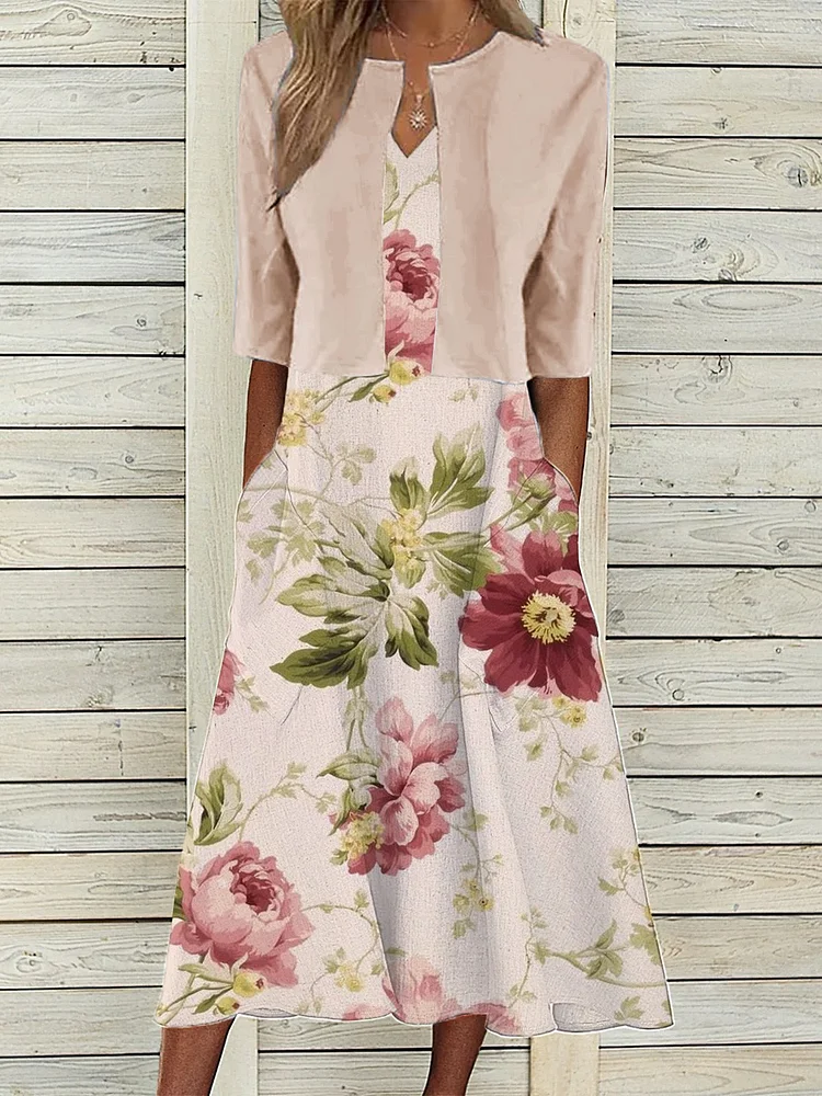 Women's Casual Printed Tank Top Dress With Mid-Sleeve Cardigan Two-Piece Set