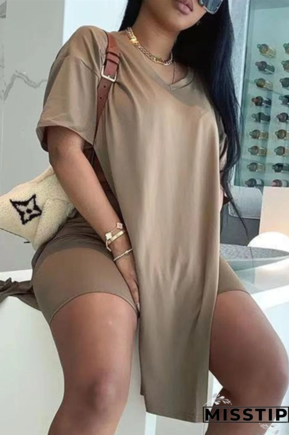Khaki Fashion Casual Solid Slit V Neck Short Sleeve Two Pieces