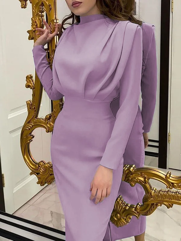 Elegant High-Waisted Midi Dress with Long Sleeves
