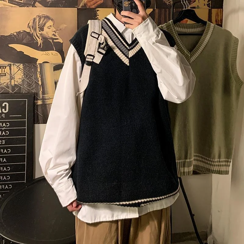 Billlnai Women Sweater Vest Loose Patchwork V-neck Preppy Students All-match Knitted Sleeveless Jumper Autumn Winter Korean Style Fashion