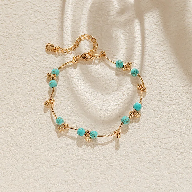Olivenorma Turquoise Freshwater Pearl Golden Ball Copper Tube Bracelet
