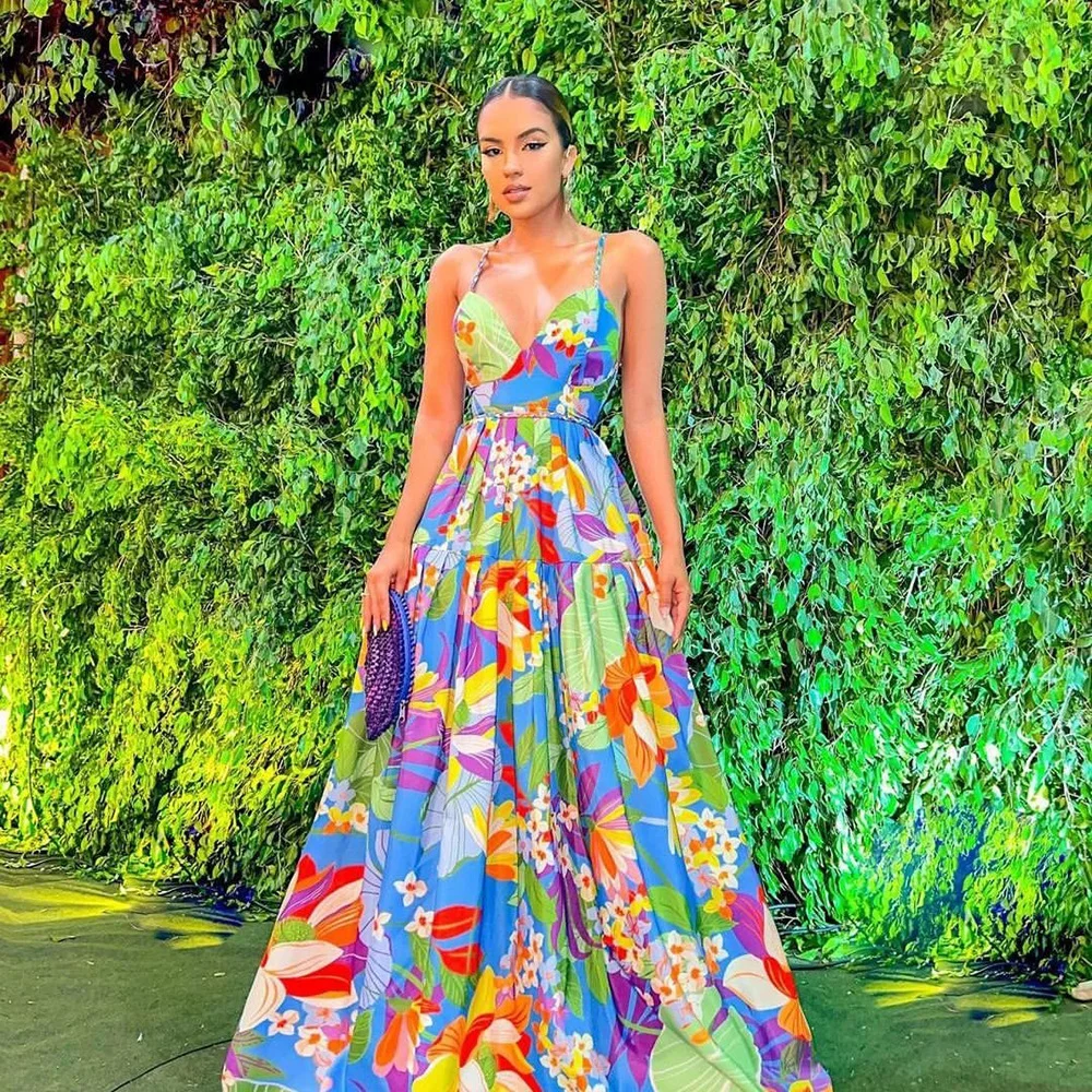 Uveng Uveng Summer New Women's Wish Dress Holiday Print Shoulder Slings Long Skirt