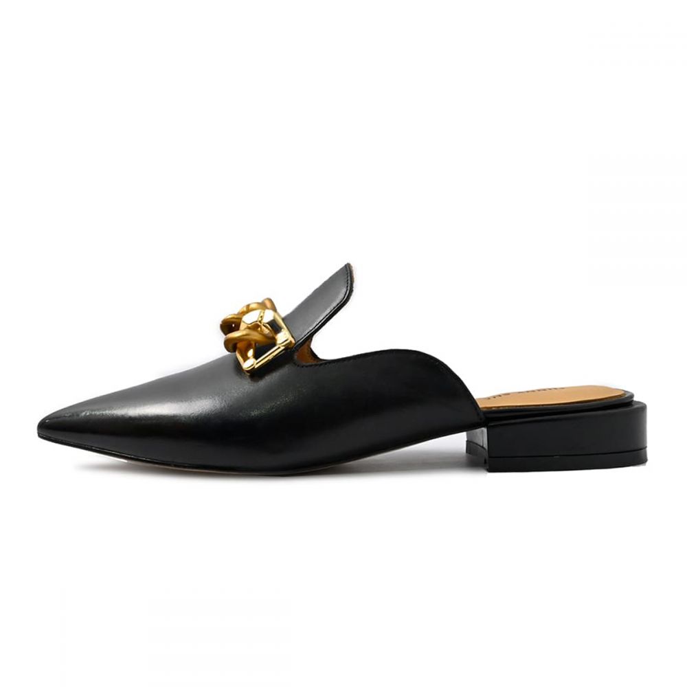 Black Pointed Toe Low Chunky Heel Mule Loafers with Chain Accent Nicepairs