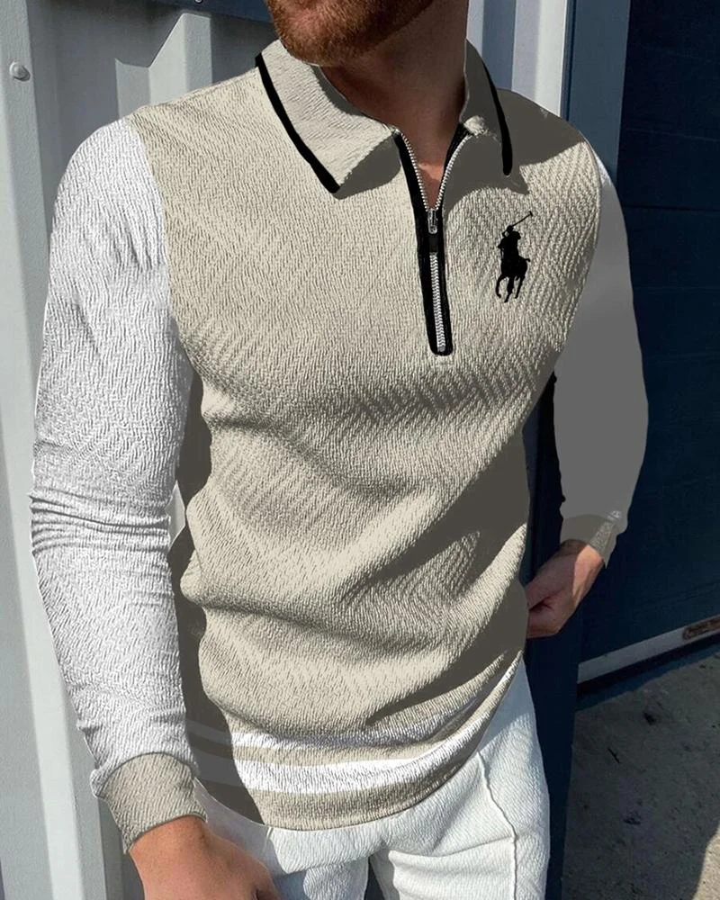 men's casual stitching printing POLO long sleeve
