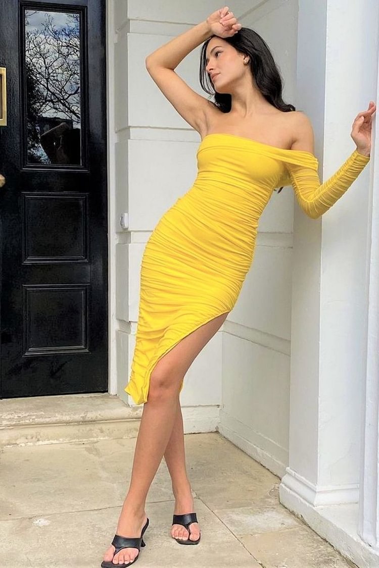 Yellow One Sleeve Extreme Ruched Dress Katch Me