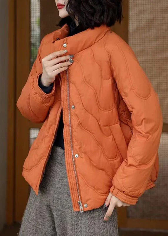 French Orange Stand Collar Zip Up Duck Down Jackets Winter