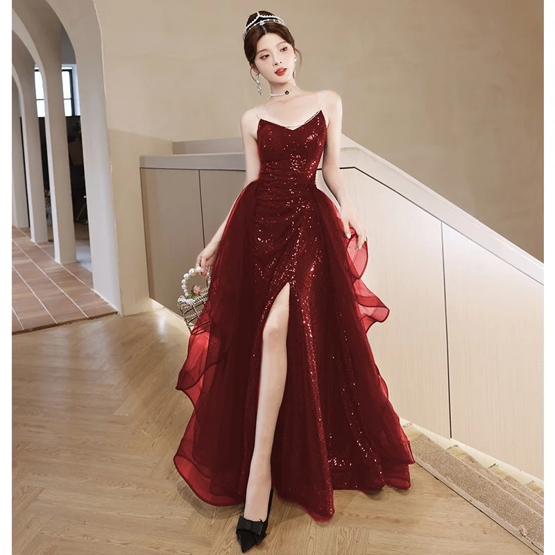 Brownm Hanging Toasting Bride High Feeling Light Luxury Small High-End Wedding Dinner Wine Red Engagement Evening Dress Dress Girl