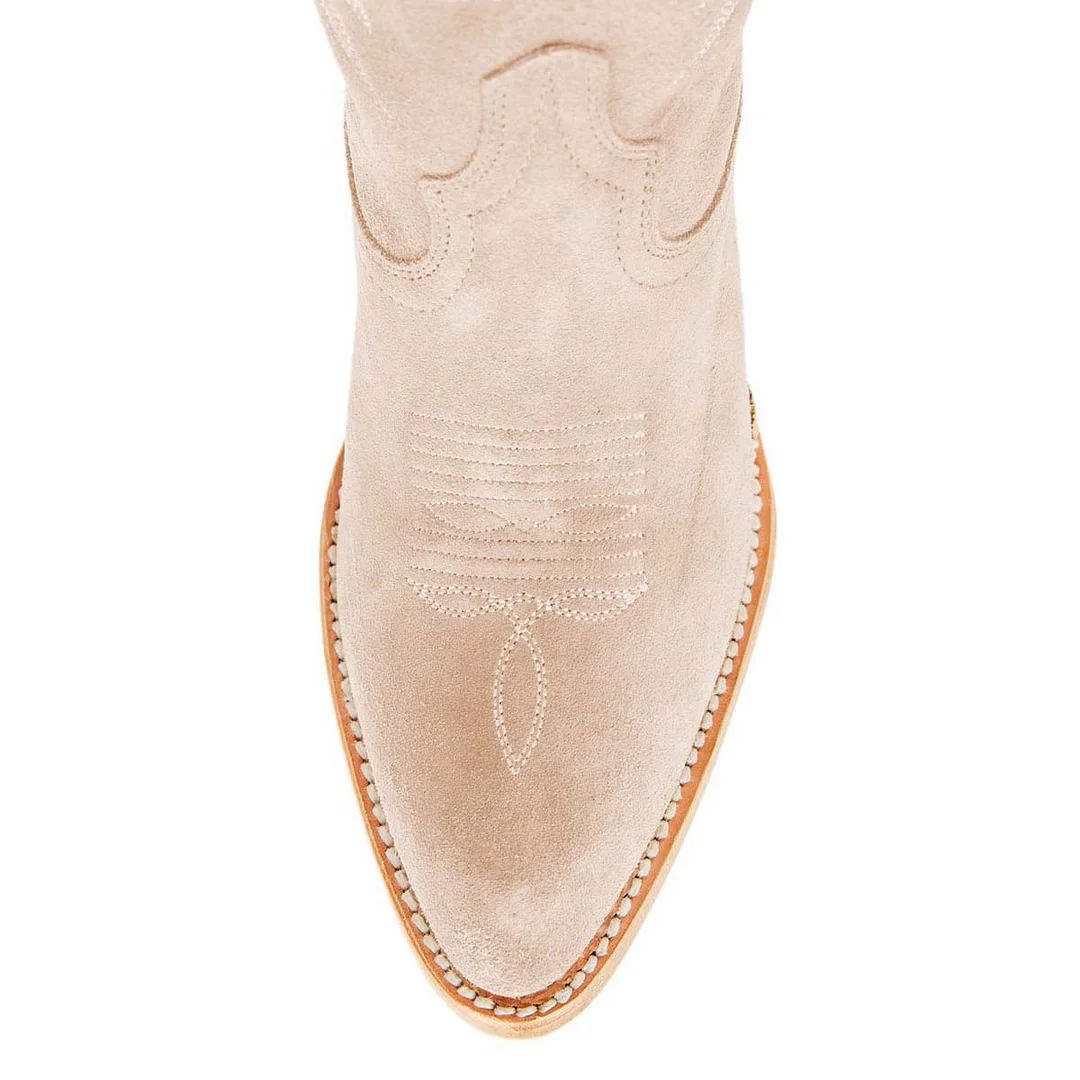 Beige Chunky Heel Pull-On Embroidered Cowgirl Boots for Women