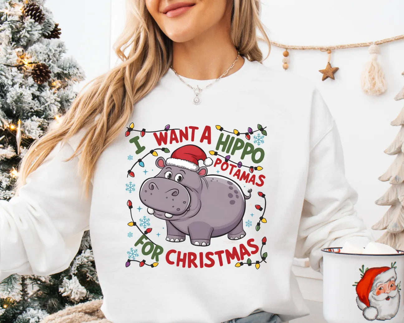 Loveyoufancy I Want A Hippopotamus For Christmas Sweatshirt, Hippo Christmas Lights Sweater, Christmas Hippopotamus Sweater, Cute Christmas Sweatshirt